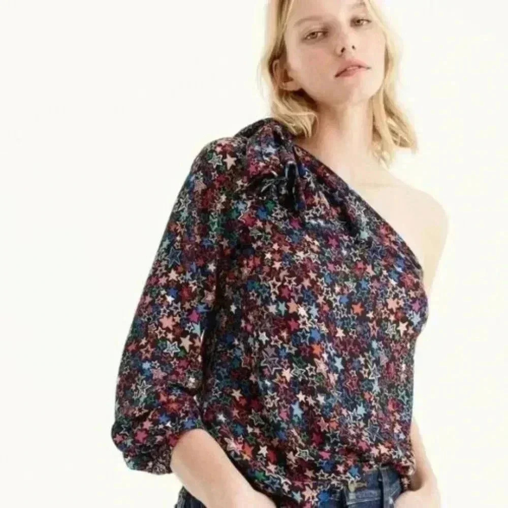 J. Crew Top Black Multicolor Ruffle One Shoulder In Kaleidoscope Star NWT Sz 00P